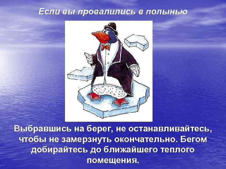  Если вы провалились в полынью Выбравшись на берег, не останавливайтесь,  чтобы не