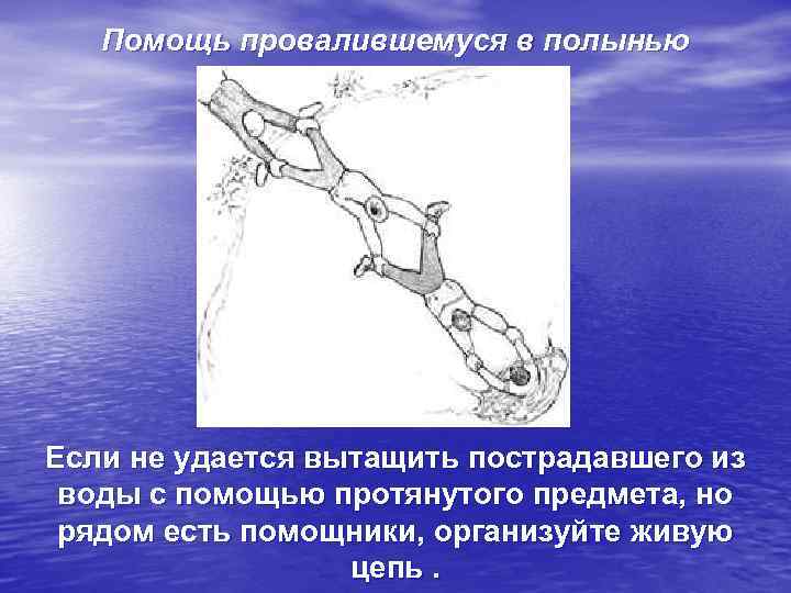   Помощь провалившемуся в полынью Если не удается вытащить пострадавшего из воды с