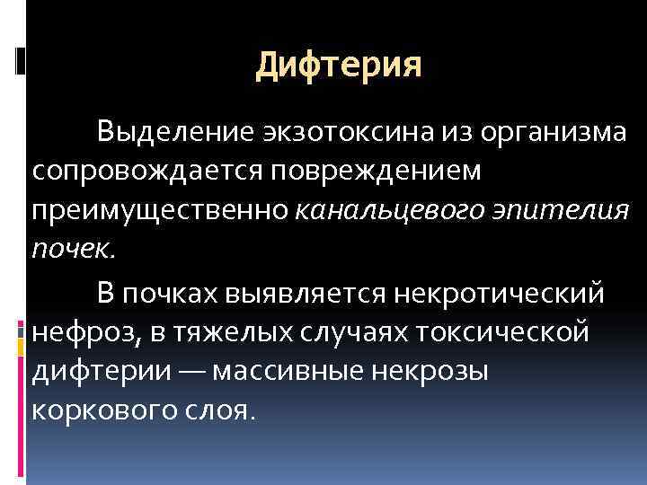    Дифтерия Выделение экзотоксина из организма сопровождается повреждением преимущественно канальцевого эпителия почек.