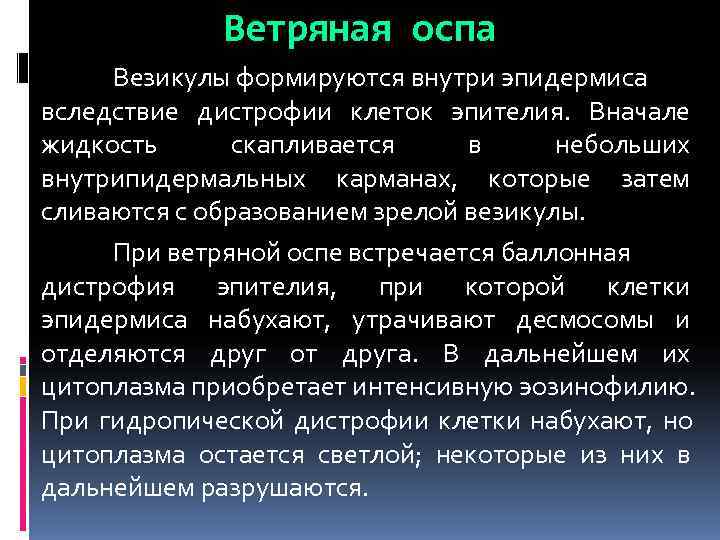    Ветряная оспа Везикулы формируются внутри эпидермиса вследствие дистрофии клеток эпителия. Вначале