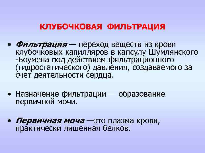   КЛУБОЧКОВАЯ ФИЛЬТРАЦИЯ  • Фильтрация — переход веществ из крови  клубочковых