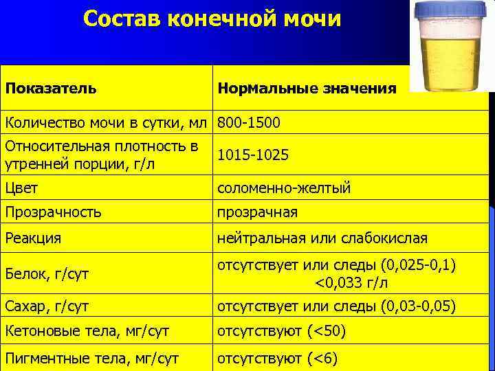   Состав конечной мочи  Показатель   Нормальные значения Количество мочи в