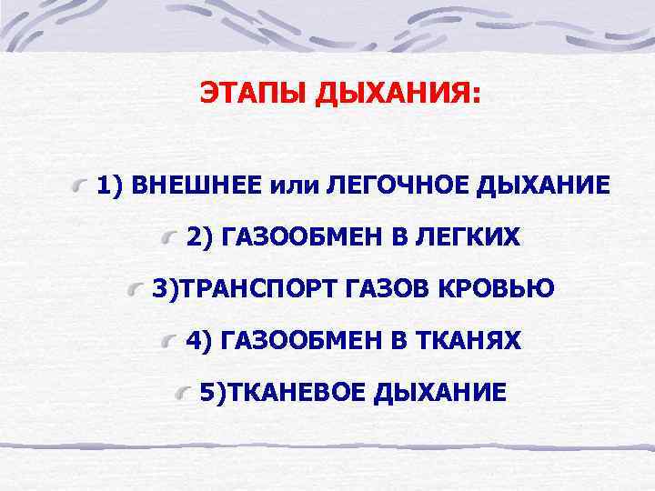  ЭТАПЫ ДЫХАНИЯ:  1) ВНЕШНЕЕ или ЛЕГОЧНОЕ ДЫХАНИЕ  2) ГАЗООБМЕН В ЛЕГКИХ