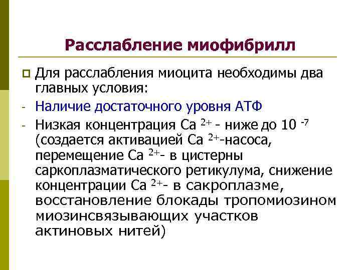 Расслабление миофибрилл p Для расслабления миоцита необходимы два главных условия: - Расслабление миофибрилл p Для расслабления миоцита необходимы два главных условия: -