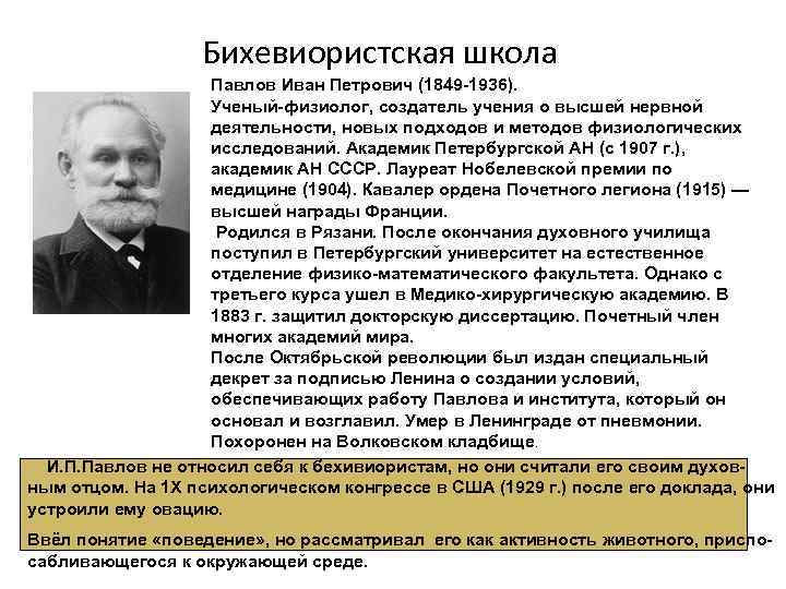    Бихевиористская школа    Павлов Иван Петрович (1849 -1936). 