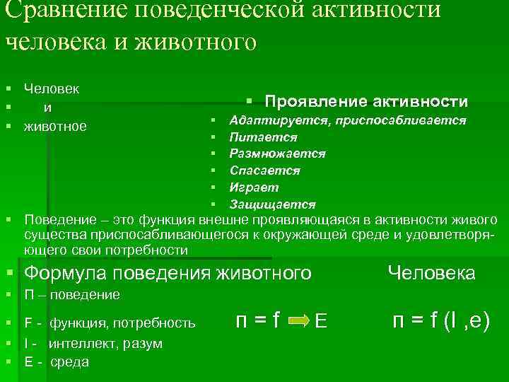 Сравнение поведенческой активности человека и животного Человек  и    Проявление активности