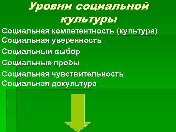  Уровни социальной  культуры Социальная компетентность (культура) Социальная уверенность Социальный выбор Социальные пробы
