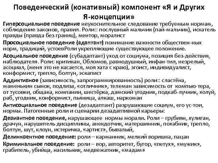   Поведенческий (конативный) компонент «Я и Других     Я-концепции» Гиперсоциальное