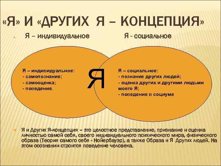  «Я» И «ДРУГИХ Я – КОНЦЕПЦИЯ»  Я – индивидуальное   