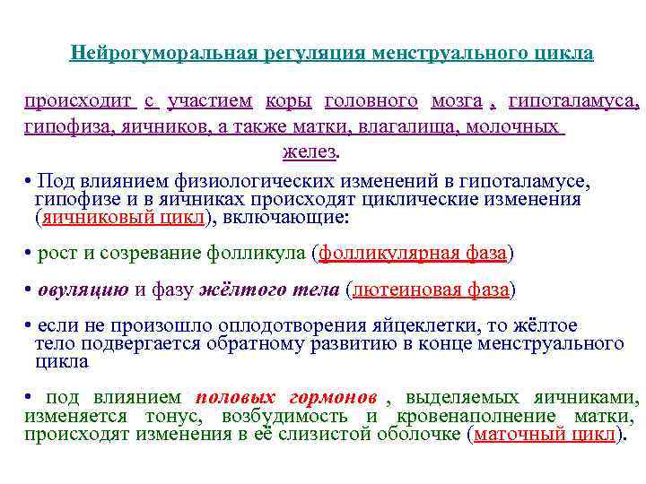   Нейрогуморальная регуляция менструального цикла  происходит с участием коры головного мозга ,