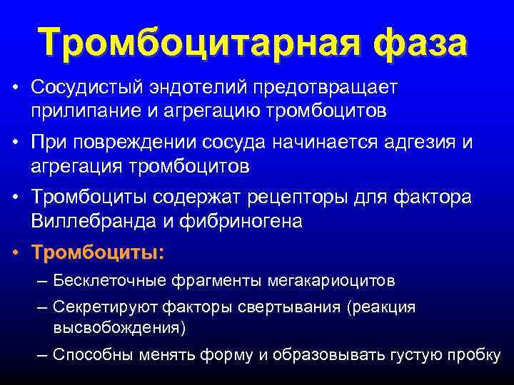  Тромбоцитарная фаза • Сосудистый эндотелий предотвращает  прилипание и агрегацию тромбоцитов • При