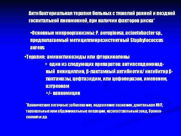  Антибактериальная терапия больных с тяжелой ранней и поздней госпитальной пневмонией, при наличии факторов