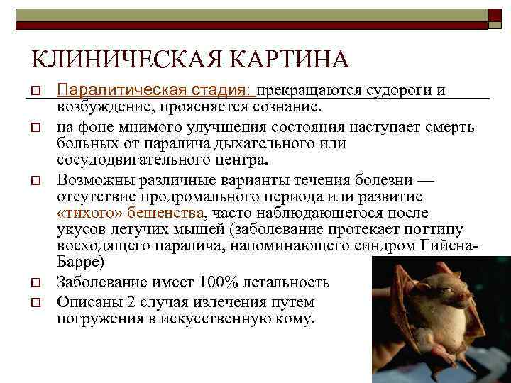 КЛИНИЧЕСКАЯ КАРТИНА o  Паралитическая стадия: прекращаются судороги и возбуждение, проясняется сознание. o 