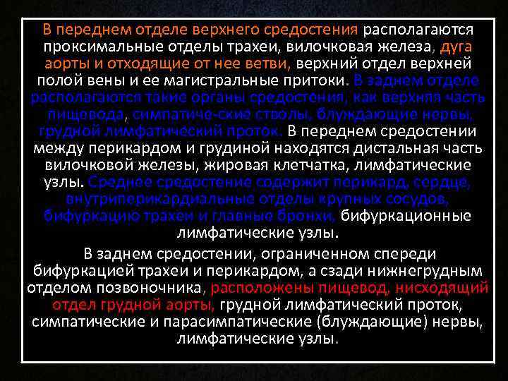 В переднем отделе верхнего средостения располагаются проксимальные отделы трахеи, вилочковая железа, дуга В переднем отделе верхнего средостения располагаются проксимальные отделы трахеи, вилочковая железа, дуга