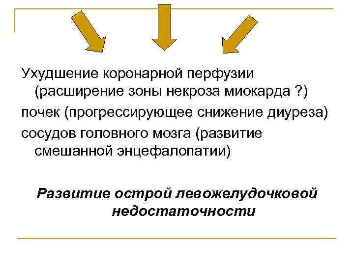 Ухудшение коронарной перфузии  (расширение зоны некроза миокарда ? ) почек (прогрессирующее снижение диуреза)