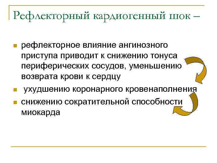 Рефлекторный кардиогенный шок – n  рефлекторное влияние ангинозного приступа приводит к снижению тонуса