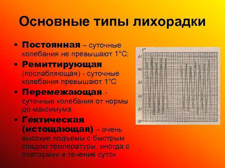  Основные типы лихорадки • Постоянная – суточные  колебания не превышают 1°С; 