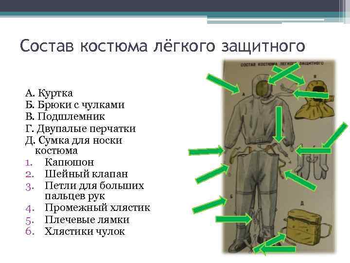 Состав костюма лёгкого защитного А. Куртка Б. Брюки с чулками В. Подшлемник Г. Двупалые Состав костюма лёгкого защитного А. Куртка Б. Брюки с чулками В. Подшлемник Г. Двупалые