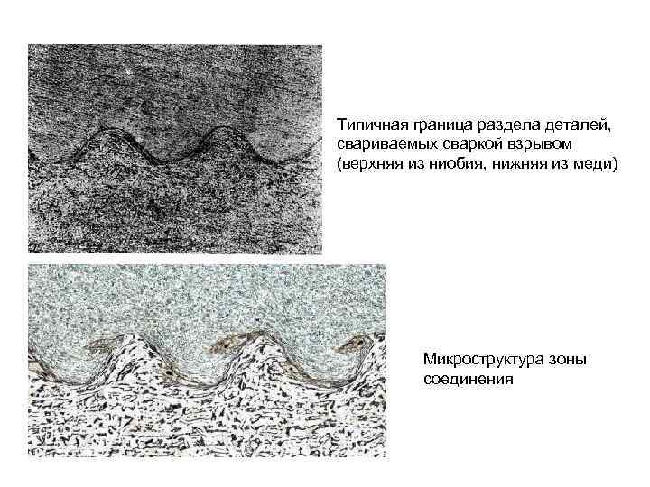Типичная граница раздела деталей, свариваемых сваркой взрывом (верхняя из ниобия, нижняя из меди) 