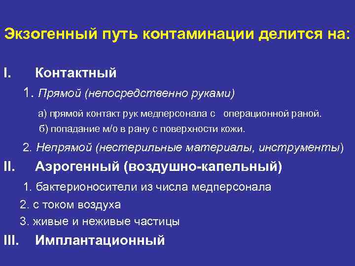 Экзогенный путь контаминации делится на: I. Контактный 1. Прямой (непосредственно руками) Экзогенный путь контаминации делится на: I. Контактный 1. Прямой (непосредственно руками)