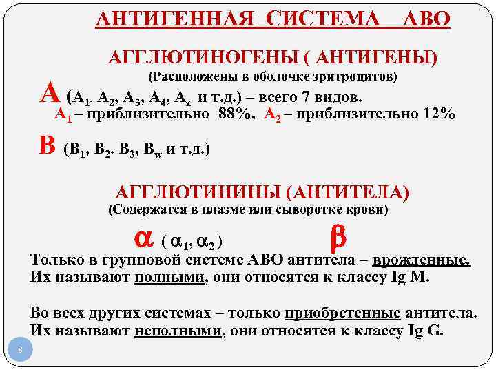 АНТИГЕННАЯ СИСТЕМА АВО АГГЛЮТИНОГЕНЫ ( АНТИГЕНЫ) АНТИГЕННАЯ СИСТЕМА АВО АГГЛЮТИНОГЕНЫ ( АНТИГЕНЫ)