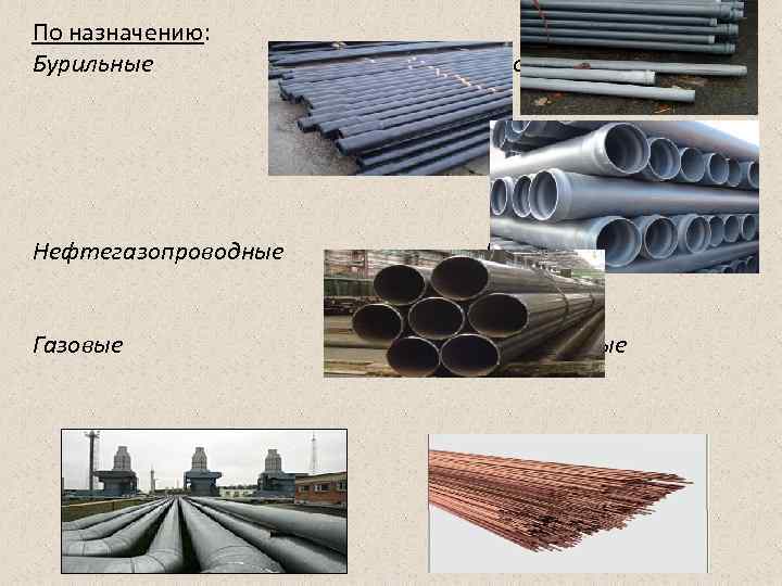 По назначению: Бурильные  Водопроводные Нефтегазопроводные  Канализационные  Газовые   Капиллярные 