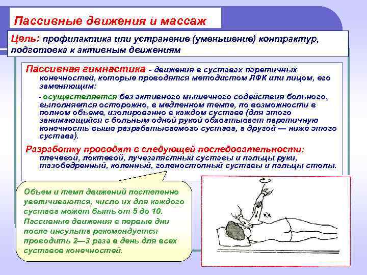 Пассивные движения и массаж  Цель: профилактика или устранение (уменьшение) контрактур,  подготовка к