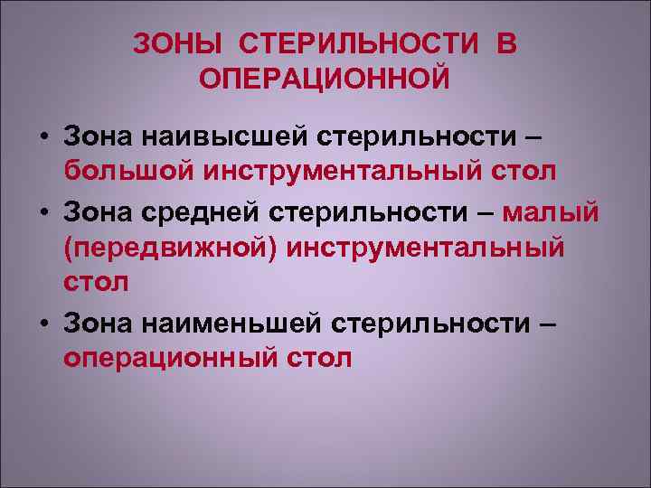  ЗОНЫ СТЕРИЛЬНОСТИ В   ОПЕРАЦИОННОЙ • Зона наивысшей стерильности –  большой