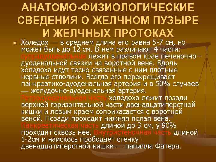 АНАТОМО-ФИЗИОЛОГИЧЕСКИЕ СВЕДЕНИЯ О ЖЕЛЧНОМ ПУЗЫРЕ   И ЖЕЛЧНЫХ ПРОТОКАХ n  Холедох