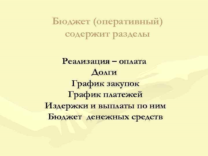  Бюджет (оперативный)  содержит разделы Реализация – оплата  Долги  График закупок