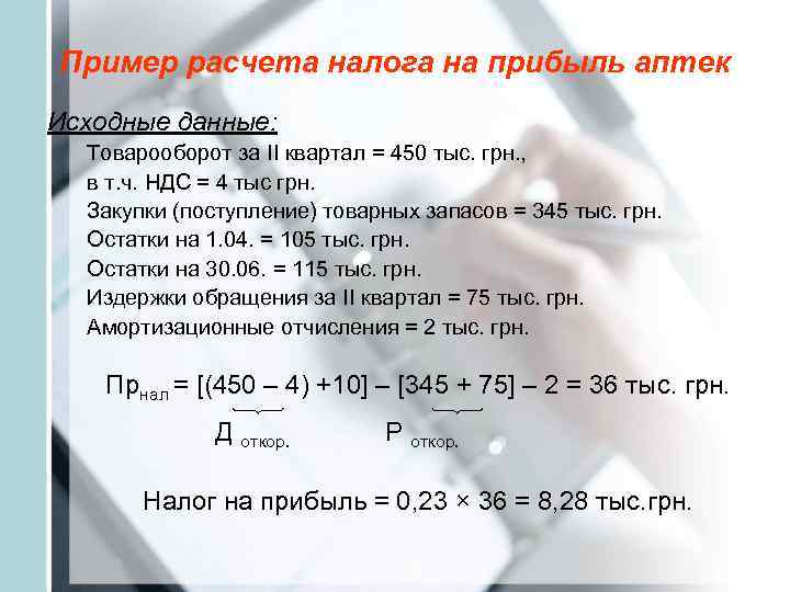  Пример расчета налога на прибыль аптек Исходные данные: Товарооборот за II квартал =