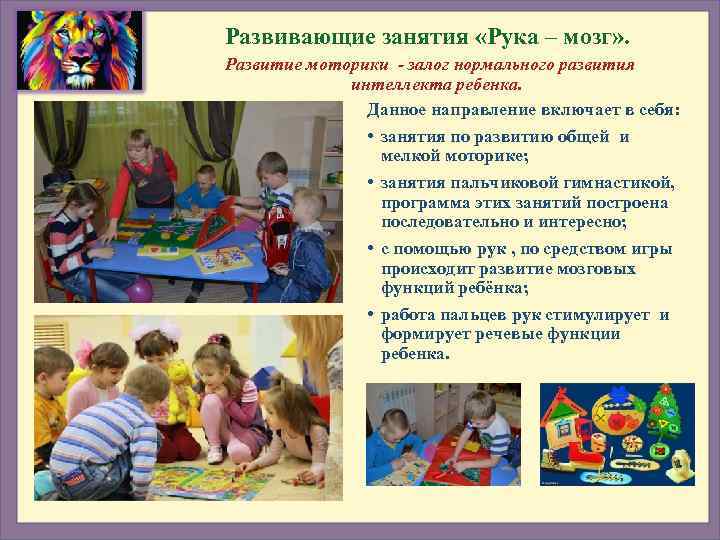 Развивающие занятия «Рука – мозг» . Развитие моторики - залог нормального развития  
