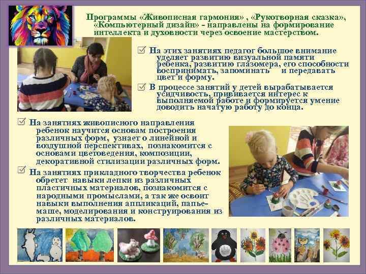   Программы «Живописная гармония» ,  «Рукотворная сказка» ,   «Компьютерный дизайн»