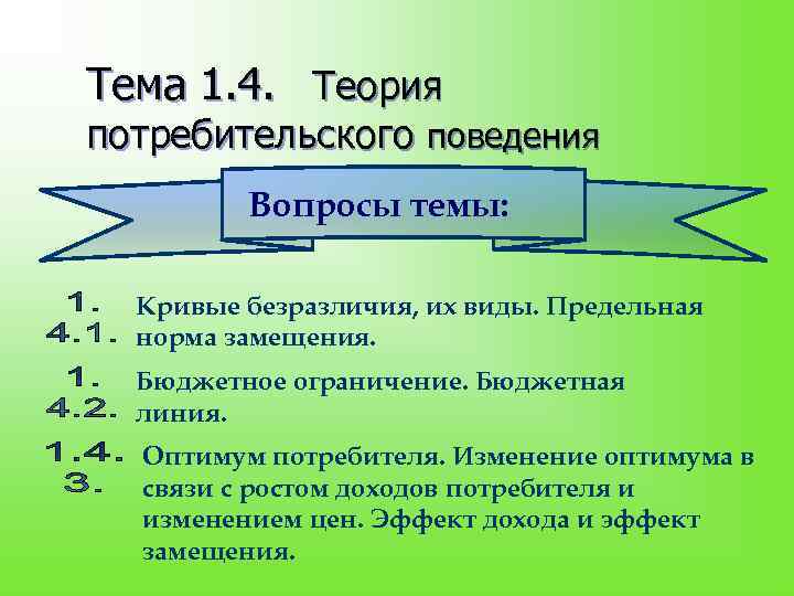 Тема 1. 4. Теория потребительского поведения   Вопросы темы: Кривые безразличия, их виды.