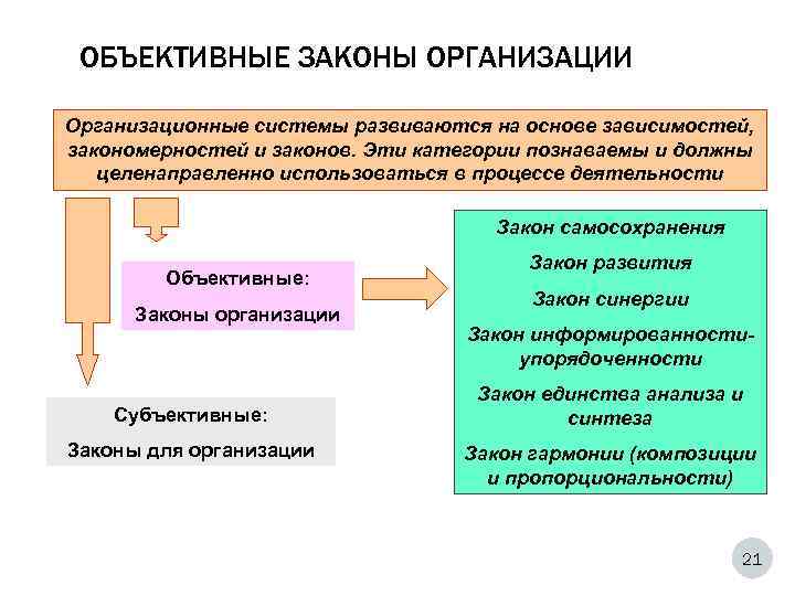  ОБЪЕКТИВНЫЕ ЗАКОНЫ ОРГАНИЗАЦИИ Организационные системы развиваются на основе зависимостей, закономерностей и законов. Эти