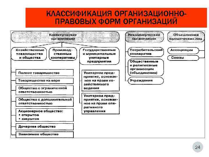 КЛАССИФИКАЦИЯ ОРГАНИЗАЦИОННО-  ПРАВОВЫХ ФОРМ ОРГАНИЗАЦИЙ       24 