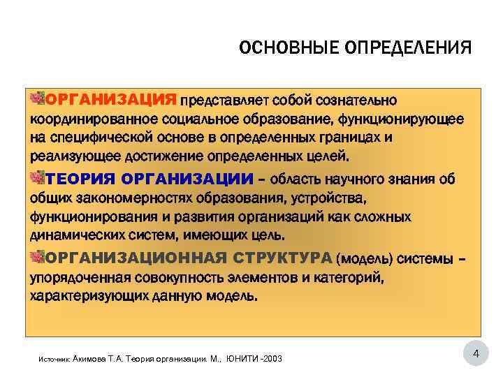      ОСНОВНЫЕ ОПРЕДЕЛЕНИЯ  ОРГАНИЗАЦИЯ представляет собой сознательно координированное социальное