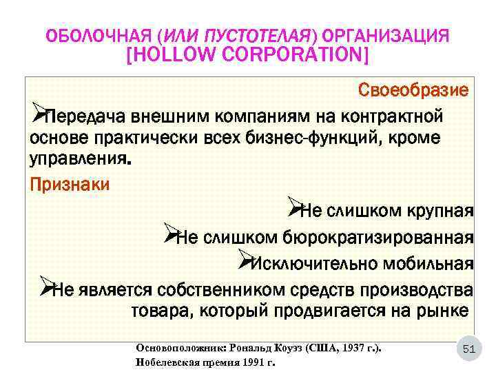  ОБОЛОЧНАЯ (ИЛИ ПУСТОТЕЛАЯ) ОРГАНИЗАЦИЯ  [HOLLOW CORPORATION]      