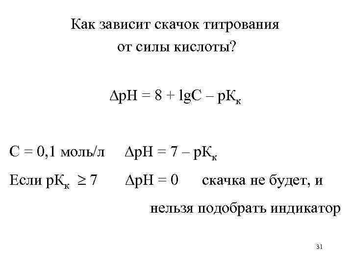   Как зависит скачок титрования    от силы кислоты?  
