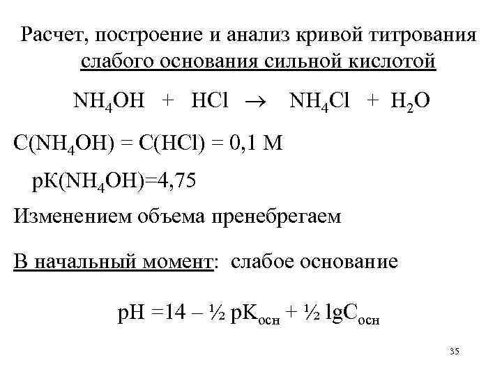 сильной кислотой NH 4 OH + HCl NH 4 Cl + H 2 O C(NH 4 OH) = C...
