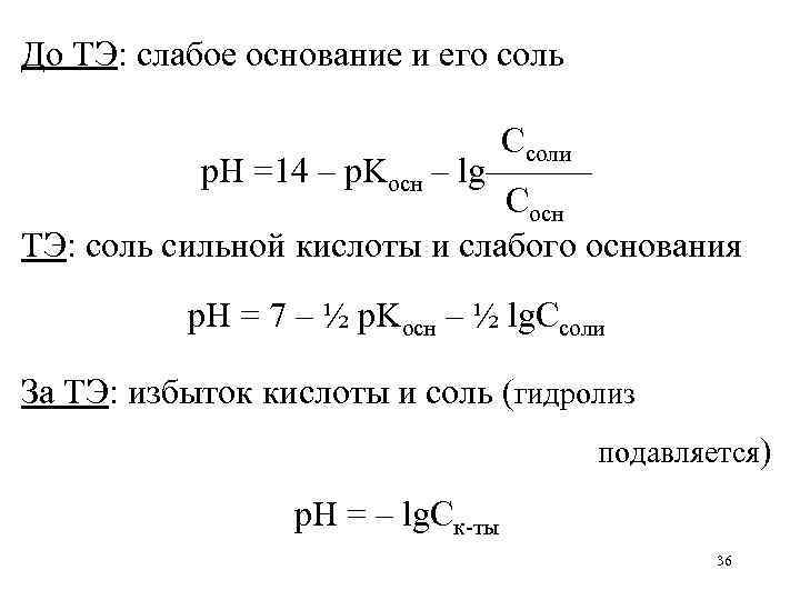 До ТЭ: слабое основание и его соль      Ссоли 