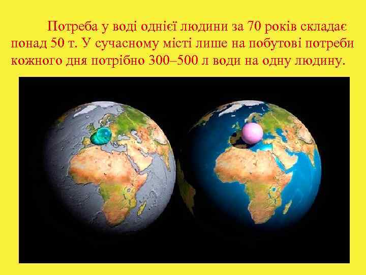  Потреба у воді однієї людини за 70 років складає понад 50 т. У