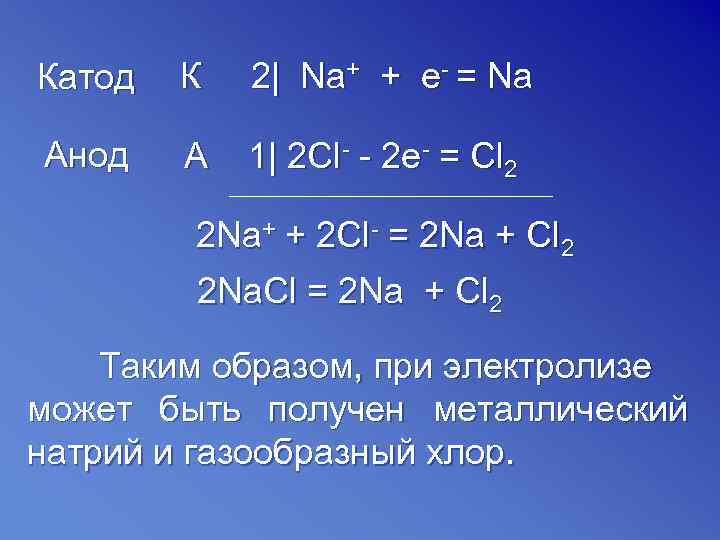 Катод  К  2| Na+ + e- = Na Анод  A 
