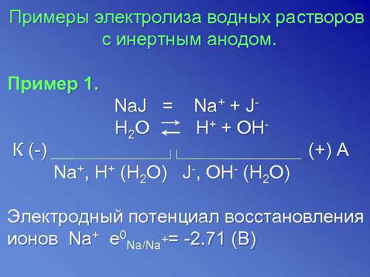 Примеры электролиза водных растворов   с инертным анодом.  Пример 1.  