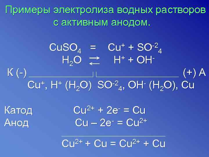 Примеры электролиза водных растворов   с активным анодом.    Cu. SO