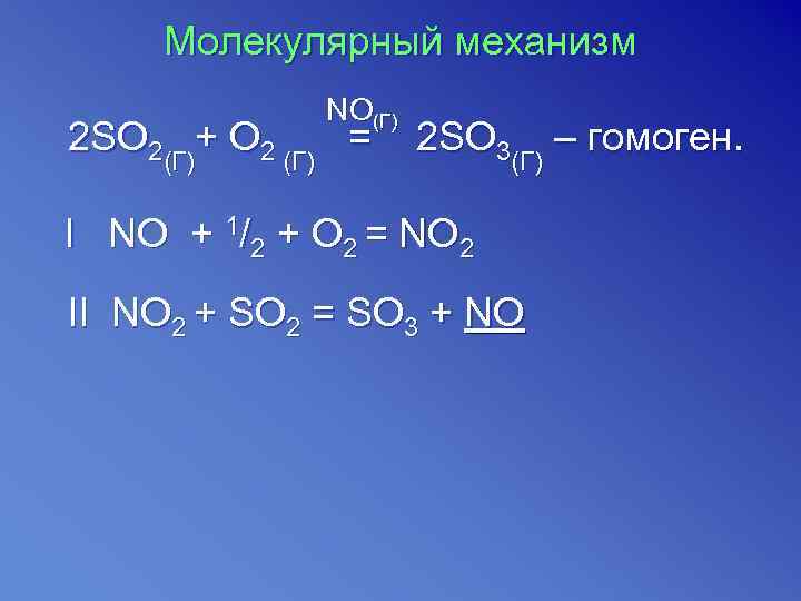  Молекулярный механизм    NO(Г) 2 SO 2(Г)+ О 2 (Г) =