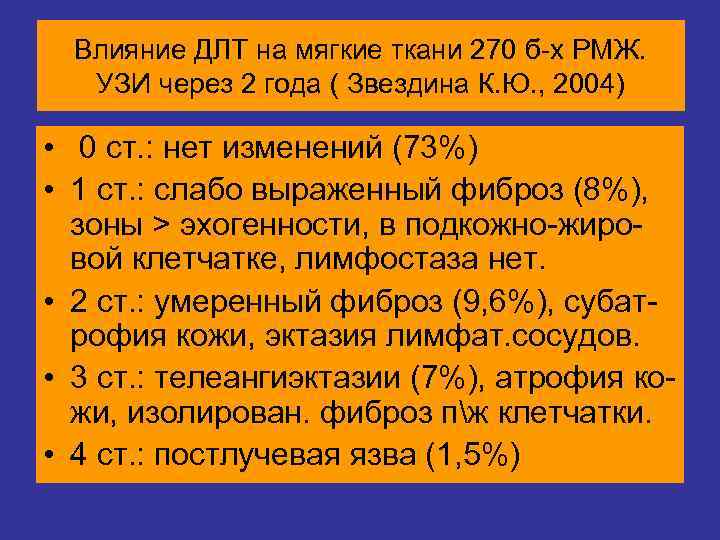 Влияние ДЛТ на мягкие ткани 270 б-х РМЖ. УЗИ через 2 года (