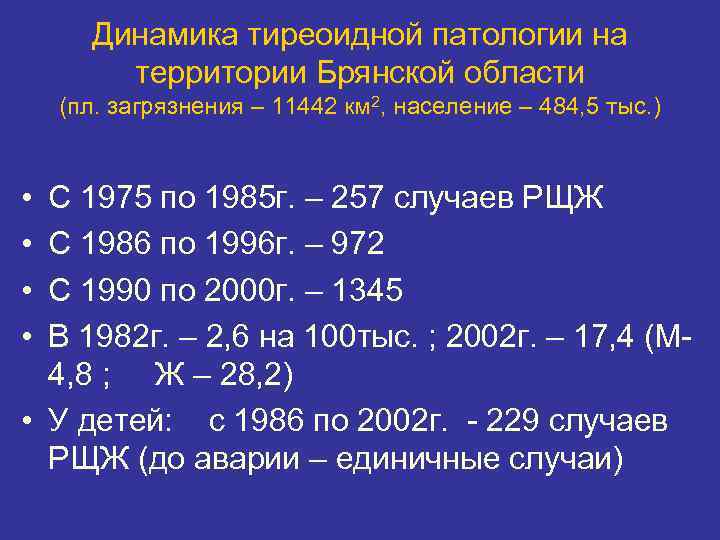 Динамика тиреоидной патологии на   территории Брянской области (пл. загрязнения – 11442