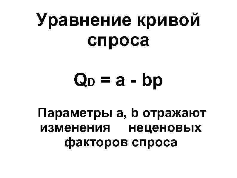Уравнение кривой спроса QD = a - bp Параметры a, b отражают изменения неценовых Уравнение кривой спроса QD = a - bp Параметры a, b отражают изменения неценовых