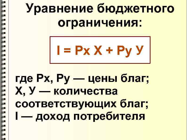  Уравнение бюджетного ограничения:   I = Px X + Py У где